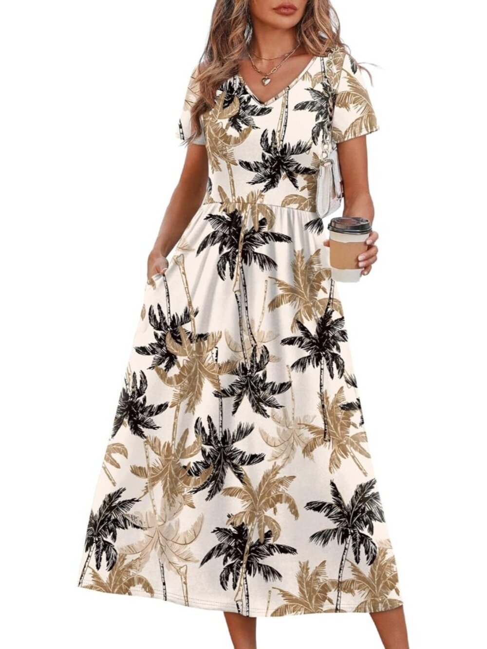 Women's Cream Tan Tropical Flowy Casual A Line Midi Beach Sundresses With Pocket